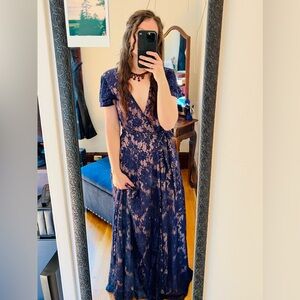 NWT Free People X The Jet Set Diaries Piazza Lace Maxi Wrap Dress - Blue - Small